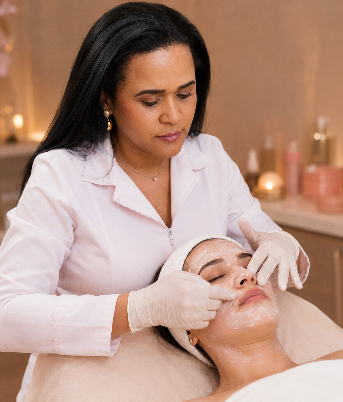Adriana aplicando mascara facial em cliente — full facial Lowell MA Filhas da Promessa