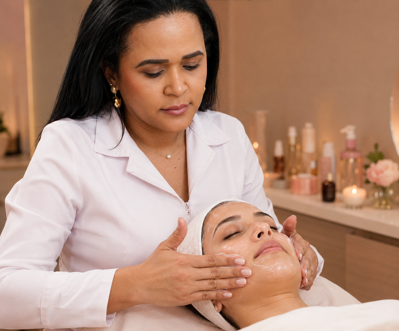 Adriana esteticista realizando mini facial em cliente — Lowell MA Filhas da Promessa
